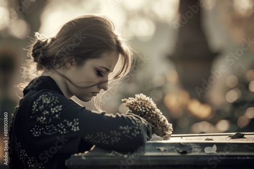 portrait in profile of a black-haired woman with a sad expression on her face, with her eyes closed near a funeral coffin, next to a bouquet of flowers on a blurred background with copy space