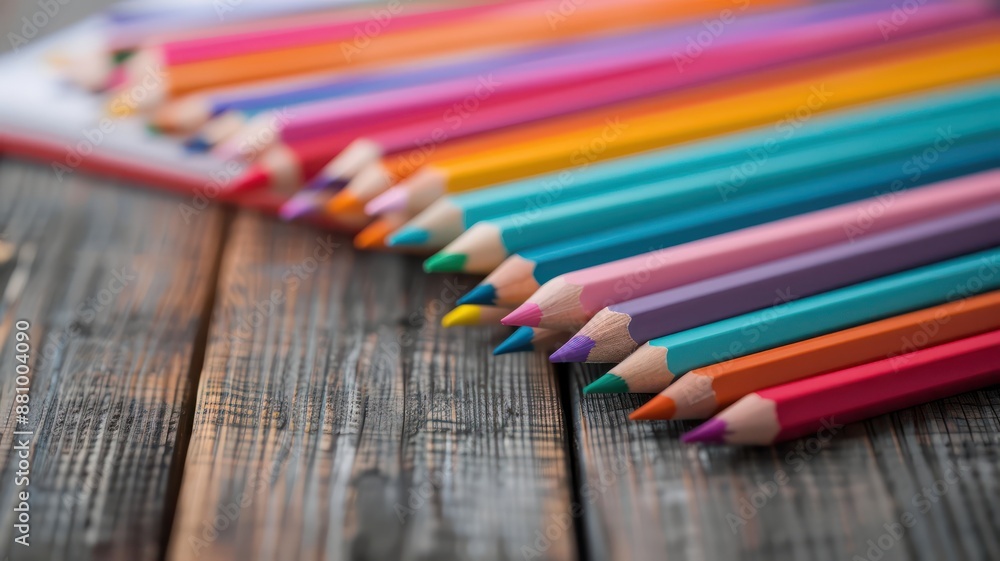 A row of colored pencils arranged on a wooden table. A row of colored pencils arranged on a wooden table.