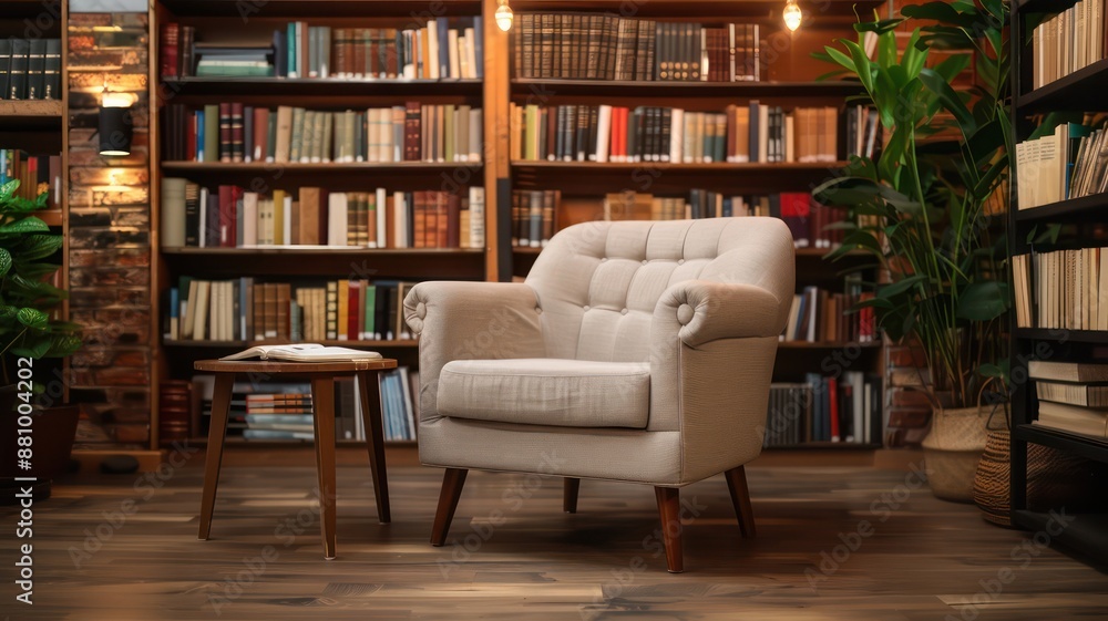Wooden library chair with a book on a brown table. Wooden library chair with a book on a brown table.