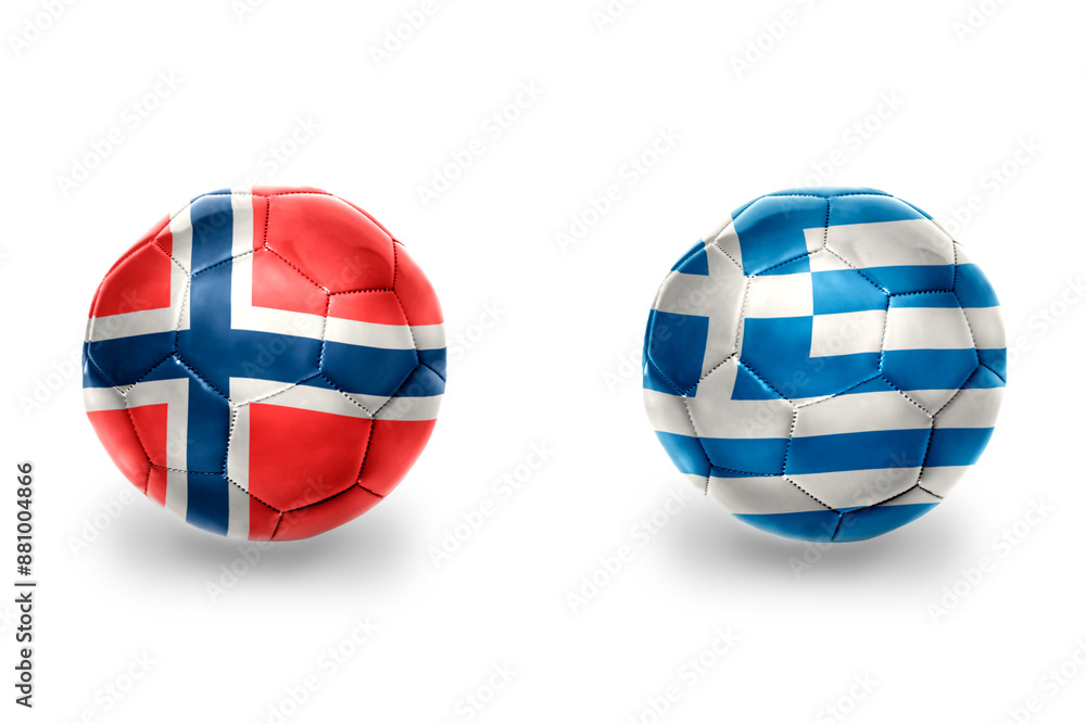 Obraz premium football balls with national flags of greece and norway ,soccer teams. on the white background.