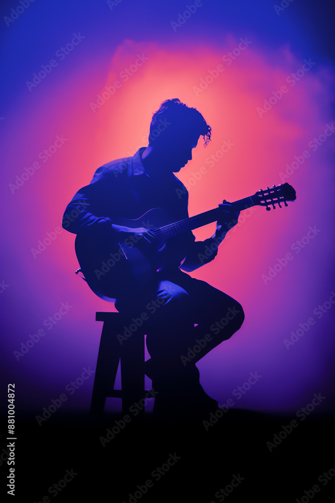 Purple silhouette of a male guitarist musician playing an acoustic guitar in an abstract music theme setting performing at a concert hall for a poster or flyer, musical stock illustration image Purple silhouette of a male guitarist musician playing an acoustic guitar in an abstract music theme setting performing at a concert hall for a poster or flyer, musical stock illustration image