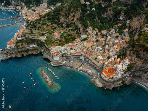 aerial photo with drone of the city of Amalf and Atrani on the Amalfi Coast in the European summer Italy photo