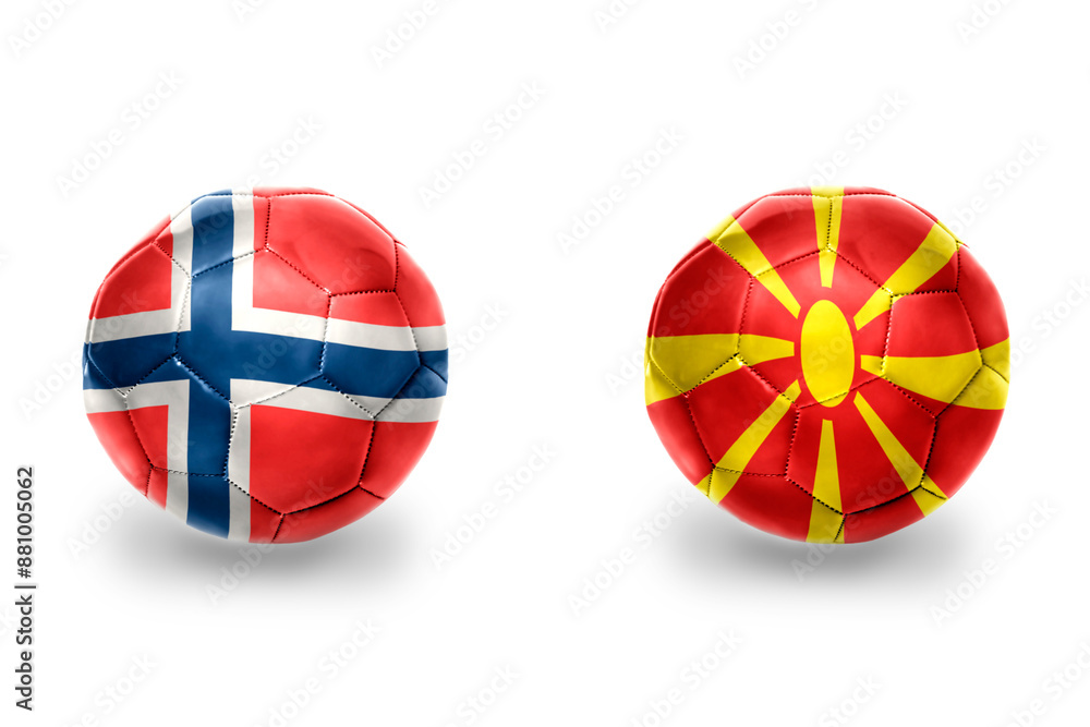 Obraz premium football balls with national flags of macedonia and norway ,soccer teams. on the white background.