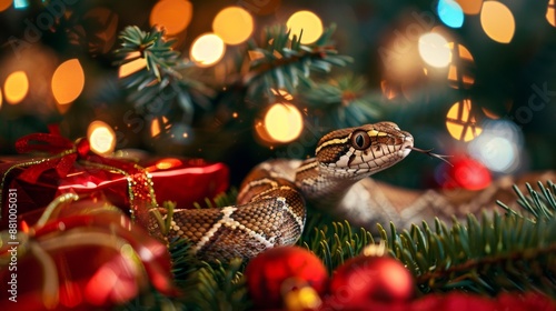 New Year's snake with gifts under the Christmas tree, New Year's card. photo