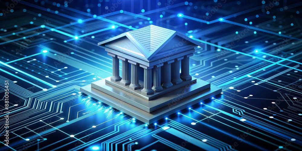 Digital Bank Architecture, 3D Model, Blue Circuit Board, Finance, Technology, bank, digital Digital Bank Architecture, 3D Model, Blue Circuit Board, Finance, Technology, bank, digital
