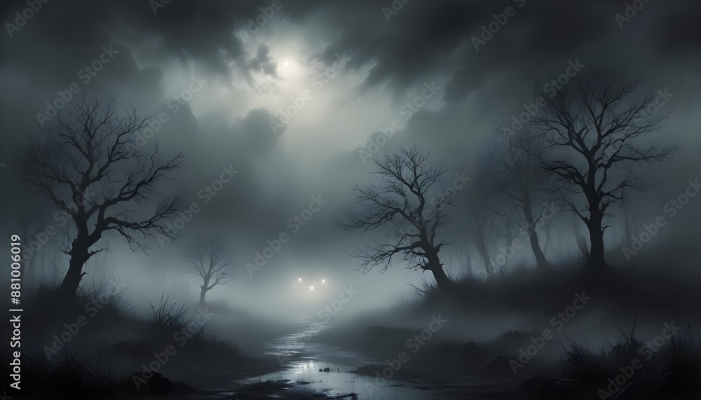 Fog enveloping a serene, enigmatic landscape, dark shadows, hazy and mysterious. Fog enveloping a serene, enigmatic landscape, dark shadows, hazy and mysterious.