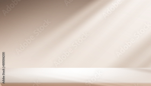 Background Podium with Light,Shadow on Beige Wall with Space for product Present,Studio Room Display for Autumn,Fall Season,Empty 3D Jewelry Display Stand Concept for Web Banner on Spring,Summer