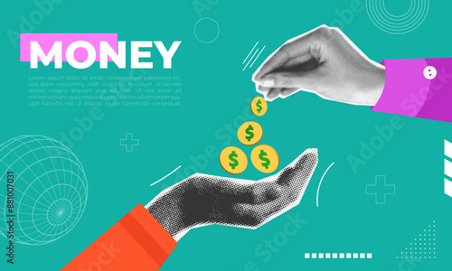 Vector illustration rendy halftone collage of finance, money and banking.
