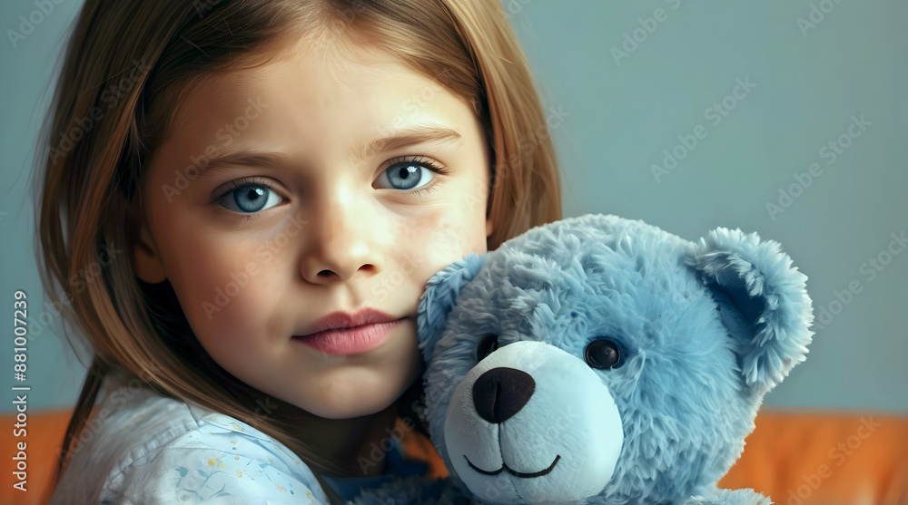 Portrait of pretty cute little girl with blue eyes hugging her blue teddy bear, childhood love, kids background,