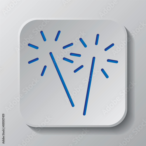 Sparkler, bengal fire logo simple icon vector. Flat design. Paper cut design. Cutted blue symbol with shadow. Gray badge button, gray background