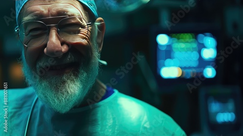 A middle-aged surgeon, wears a smile of triumph after a life-saving operation. His dedication to his patients and passion for his work shines through in every image.