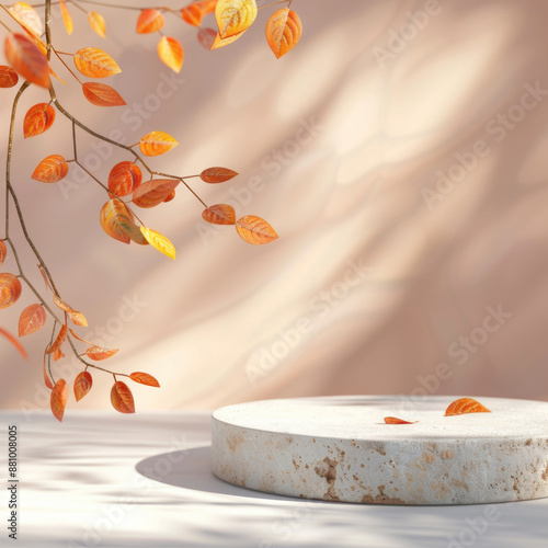Stone pedestal with autumn leaves, fall background. Product display design, minimal mockup template.