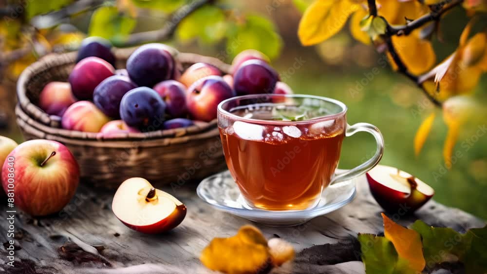 Autumns bounty A warm cup of tea and a basket of fresh apples Autumns bounty A warm cup of tea and a basket of fresh apples