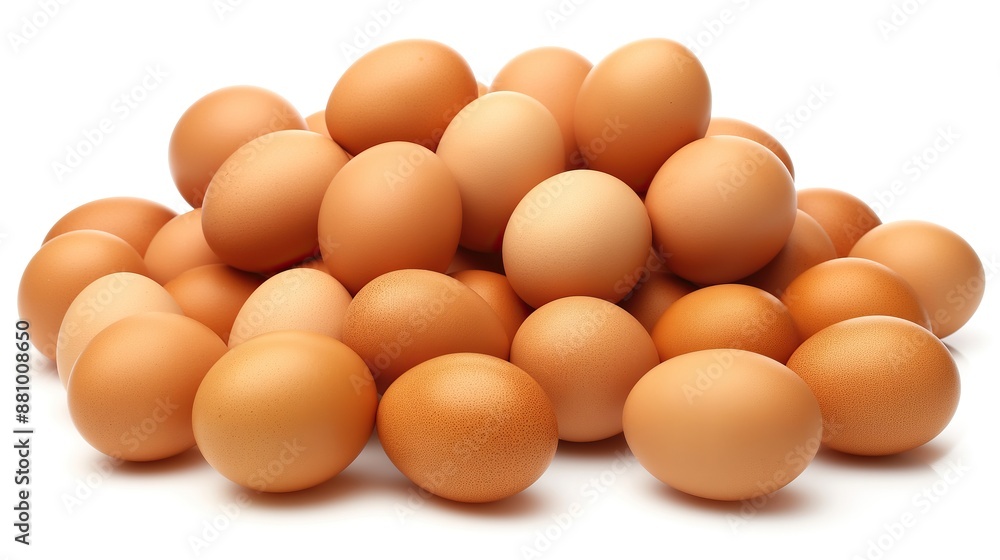 close up side view on chicken brown eggs pile heap on white background close up side view on chicken brown eggs pile heap on white background