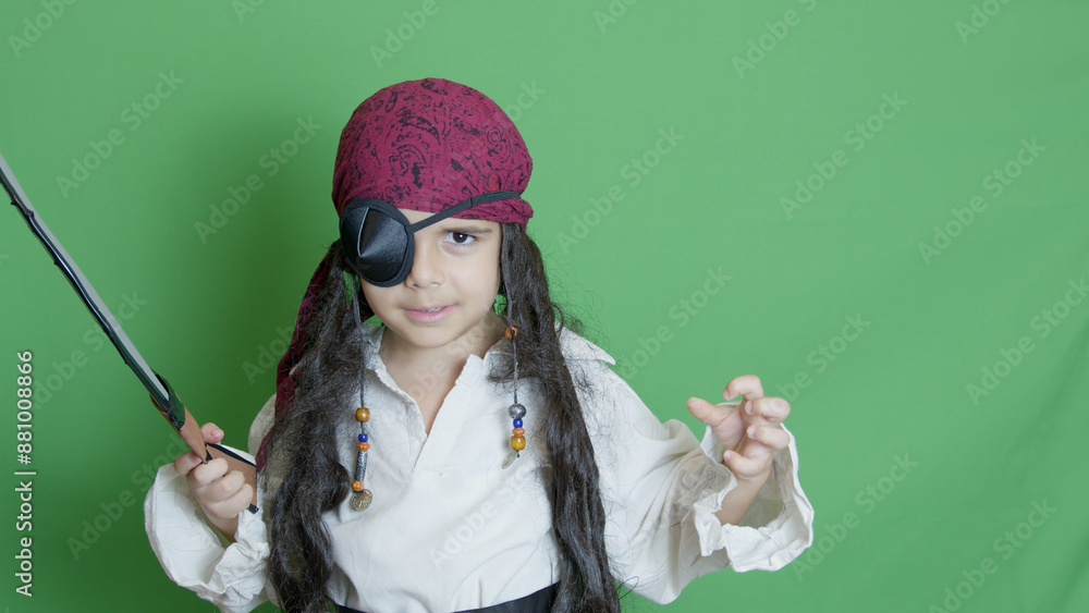 Adorable child in pirate costume slicing cutlass through the air. isolated on green background with copy space. High quality photo Adorable child in pirate costume slicing cutlass through the air. isolated on green background with copy space. High quality photo