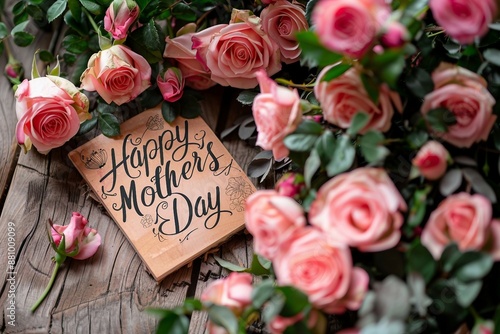 Mother's Day Card Surrounded by Pink Roses on a Wooden Table, Celebrating a Special Occasion. Generative AI