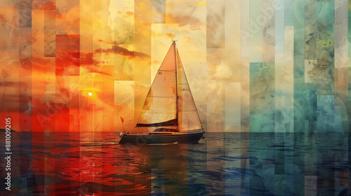 A unique collage with a sailboat against the background of the setting sun, where the sky passes through a whole range of warm colors.