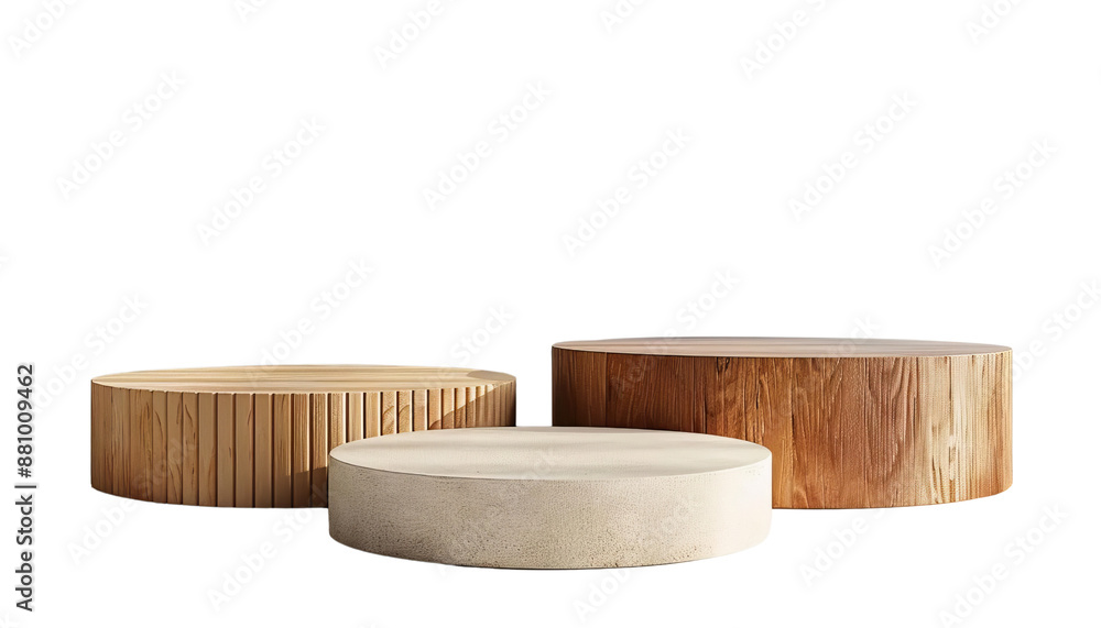 Wooden round podiums, abstract fashion display platforms in brown and beige hues for product showcasing. Wooden round podiums, abstract fashion display platforms in brown and beige hues for product showcasing.
