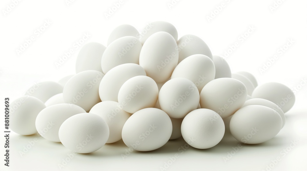 close up side view on white chicken eggs pile heap on white background close up side view on white chicken eggs pile heap on white background
