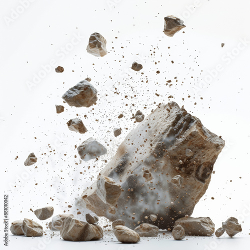 Very small stone particles exploding in front of white background 