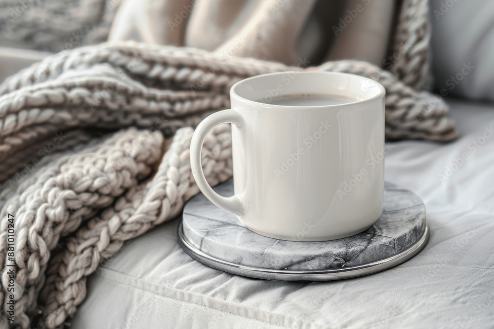 White coffee mug placed on an elegant marble coaster, beside a soft fabric texture of a grey knitted blanket. White coffee mug placed on an elegant marble coaster, beside a soft fabric texture of a grey knitted blanket.