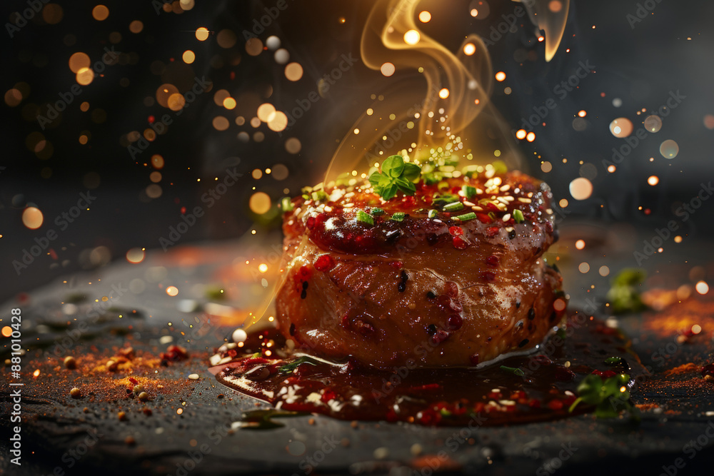 Pork chop with korean sauce is levitating over the ground, gold-radish shiny color Pork chop with korean sauce is levitating over the ground, gold-radish shiny color