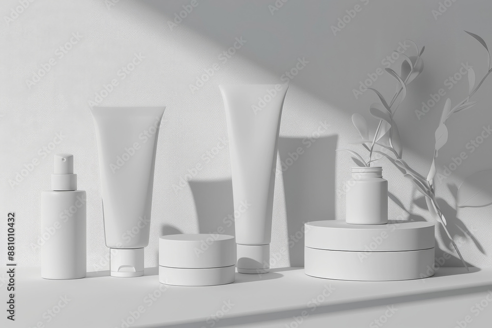 3D rendering of various white beauty product bottles and jars isolated on grey background. 3D rendering of various white beauty product bottles and jars isolated on grey background.