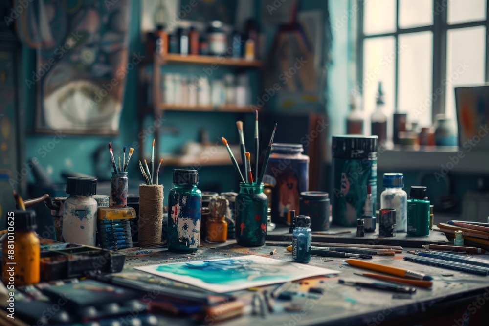 Cluttered artist's workspace with paint bottles, brushes, and unfinished artwork. Cluttered artist's workspace with paint bottles, brushes, and unfinished artwork.