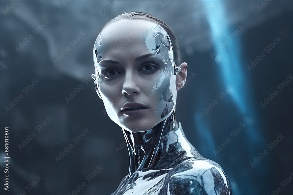 Displacement of man by androids with artificial intelligence. Portrait of an android robot with a female face. AI genarated image. Displacement of man by androids with artificial intelligence. Portrait of an android robot with a female face. AI genarated image.