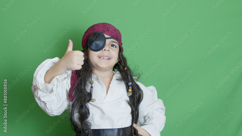 Happy child boy in pirate costume showing thumb up. approval. High quality photo Happy child boy in pirate costume showing thumb up. approval. High quality photo