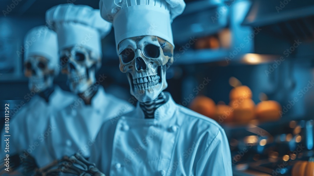 Three skeletons dressed as chefs stand in a kitchen, ready to prepare a spooky meal. Three skeletons dressed as chefs stand in a kitchen, ready to prepare a spooky meal.