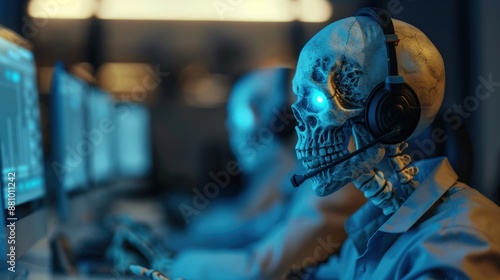 Skeletal figures in a call center, wearing headsets and working on computers.  A surreal image exploring themes of work, technology, and the afterlife.