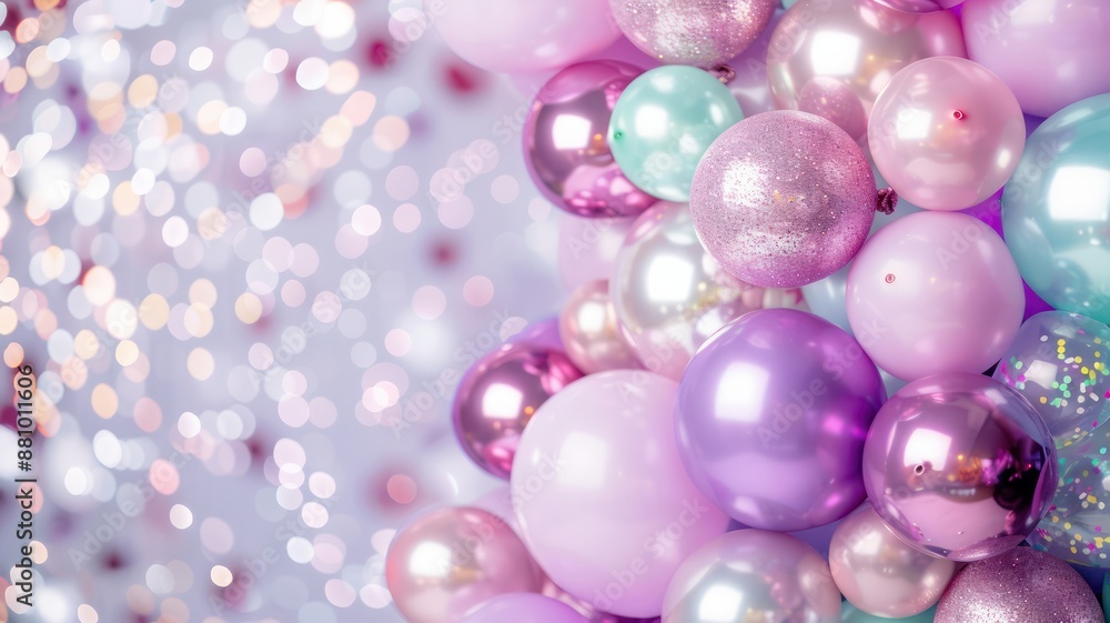 Colorful balloon garland featuring purple, pink, and white balloons for festive celebrations Colorful balloon garland featuring purple, pink, and white balloons for festive celebrations