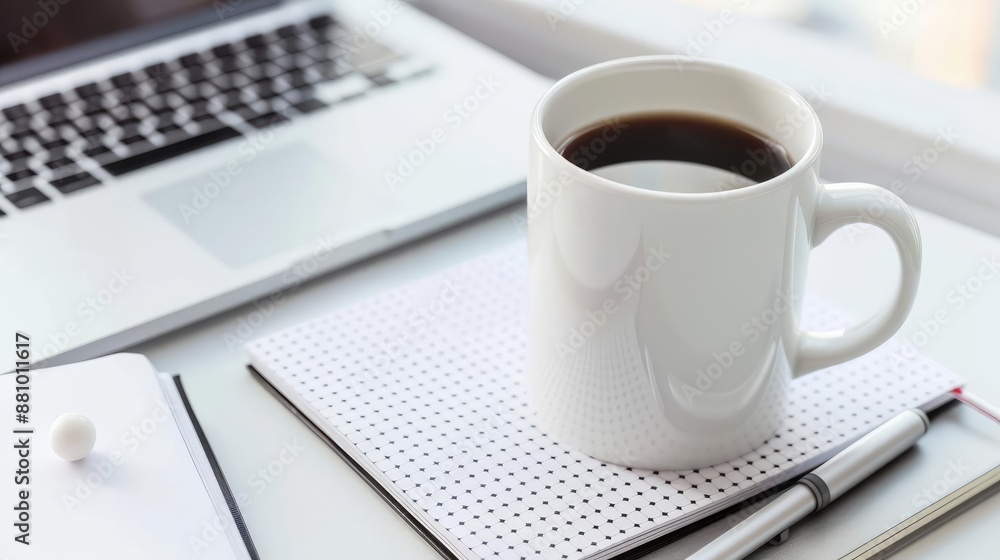 Minimalist top view of a workspace with a white coffee mug Minimalist top view of a workspace with a white coffee mug