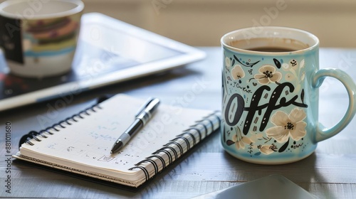 Organized desk setup with a motivational coffee mug photo