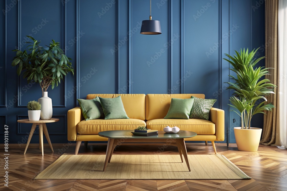 Obraz premium modern living room with sofa, dark blue wall, room interior