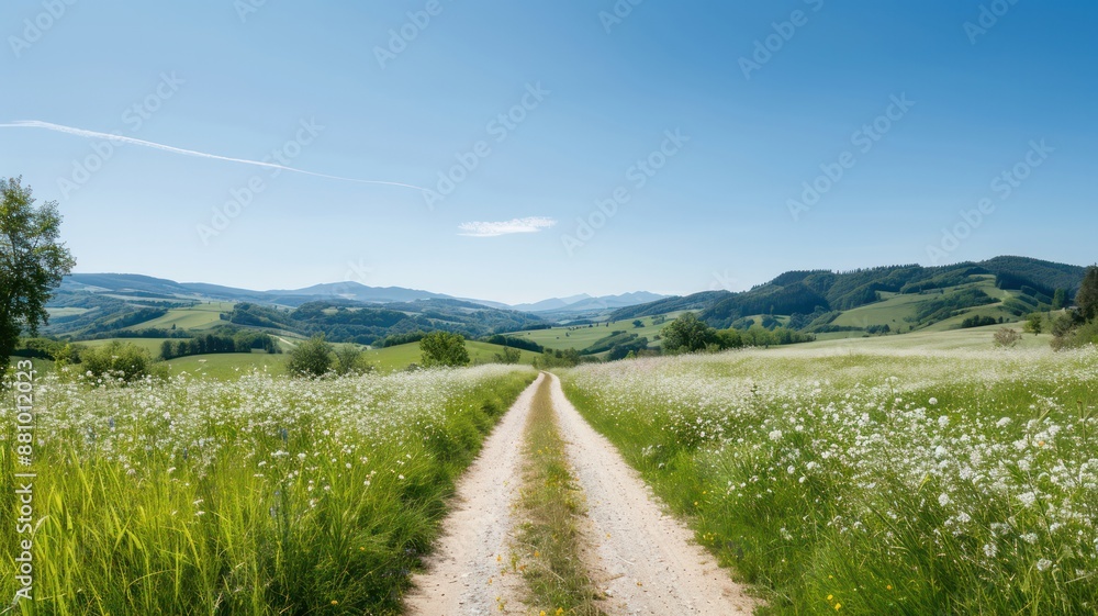 Obraz premium Scenic hiking trail through green meadows with a backdrop of snow-capped mountains