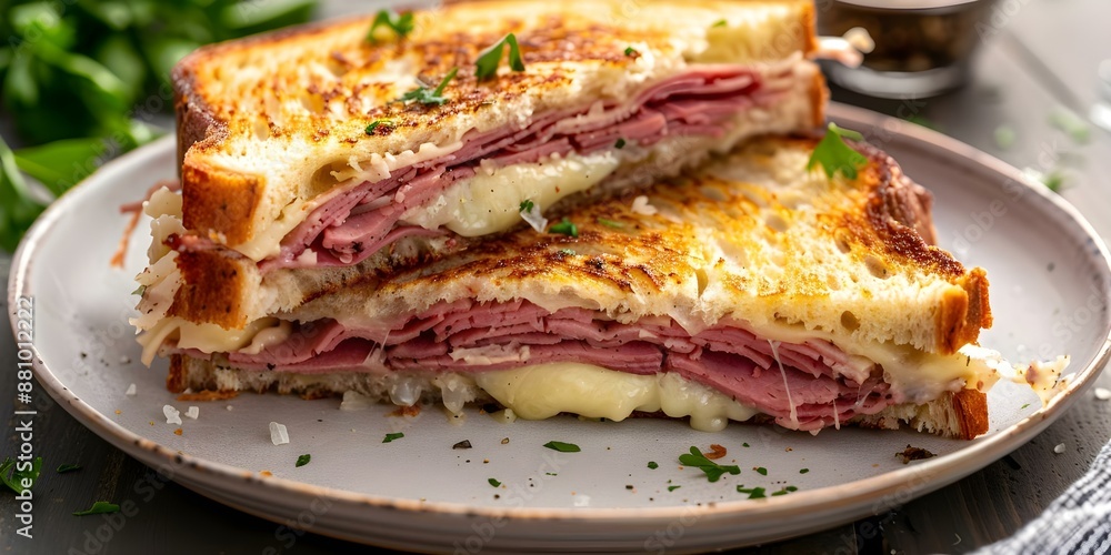 Reuben sandwich cut in half on a plate with a crispy crust. Concept Food photography, Reuben sandwich, Crispy crust, Plate presentation, Sandwich art Reuben sandwich cut in half on a plate with a crispy crust. Concept Food photography, Reuben sandwich, Crispy crust, Plate presentation, Sandwich art