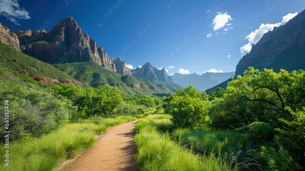 Fototapeta premium Scenic hiking trail through green meadows with a backdrop of snow-capped mountains