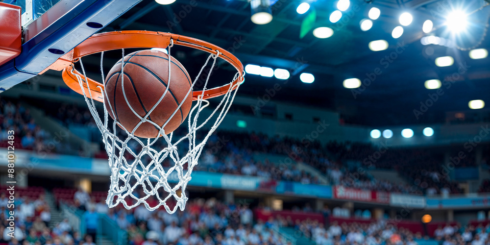 Basketball entering hoop net, goal, indoor court arena, copyspace Basketball entering hoop net, goal, indoor court arena, copyspace
