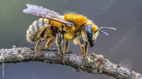 Close up view of Halictus scabiosae a female great banded furrow bee perched on a small branch photo