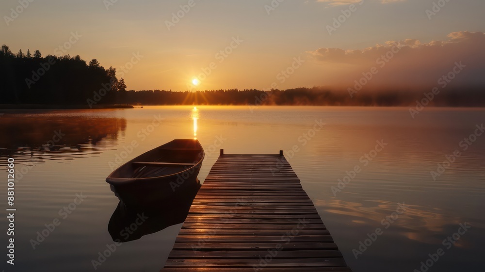 Fototapeta premium Pier at sunrise, A wooden bridge leads down to the Lake
