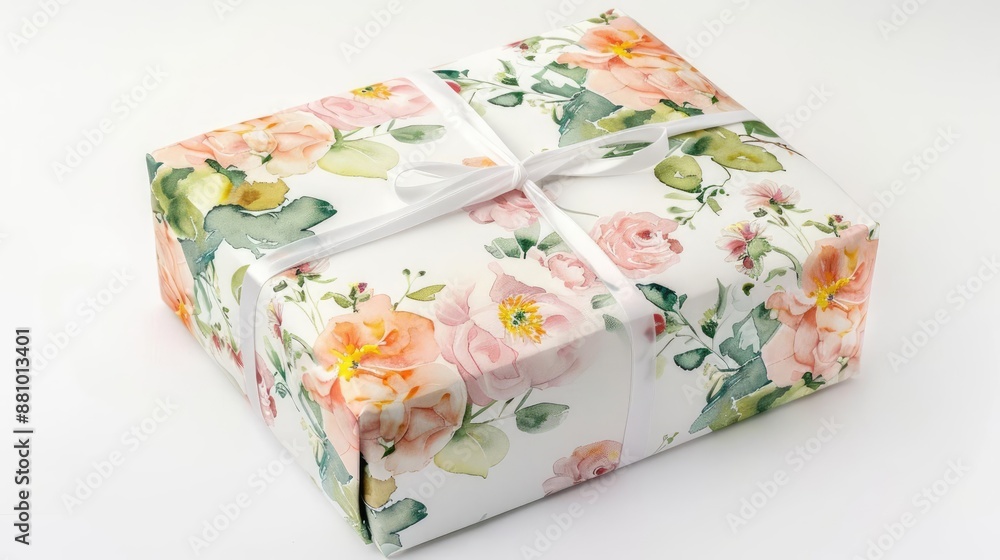 Gift box wrapped with floral paper, spring element, watercolor style, pastel shades, isolated on white background Gift box wrapped with floral paper, spring element, watercolor style, pastel shades, isolated on white background