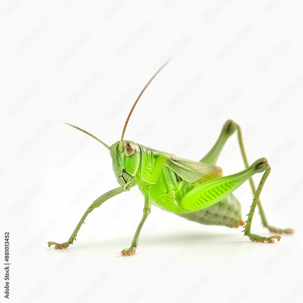 A cute and funny grasshopper is jumping along a strip. White background A cute and funny grasshopper is jumping along a strip. White background