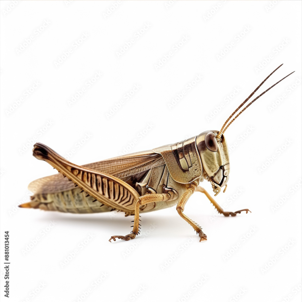 A cute and funny grasshopper is jumping along a strip. White background A cute and funny grasshopper is jumping along a strip. White background