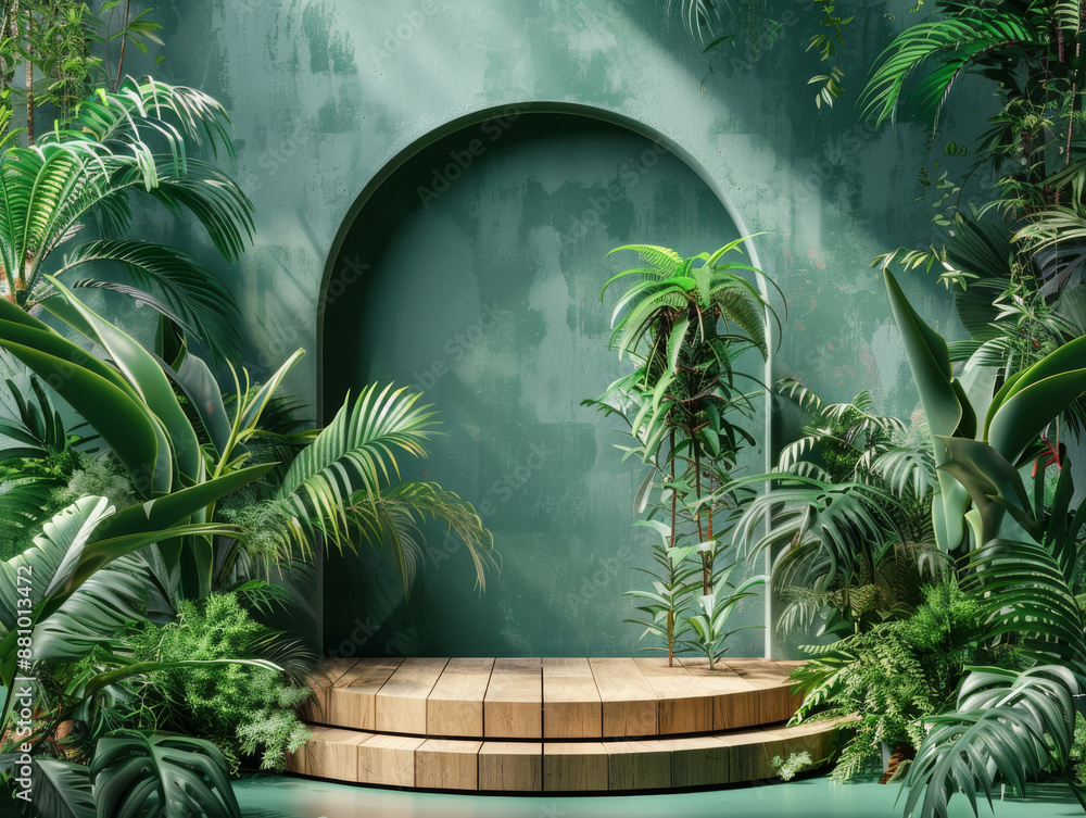 3d render of Round concrete podium surrounded tropical greenery