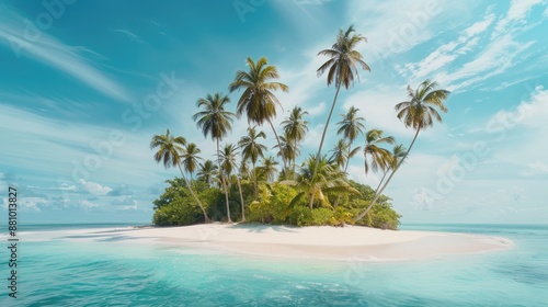Uninhabited wild subtropical isle with palm trees and white sandy beaches in the Indian Ocean