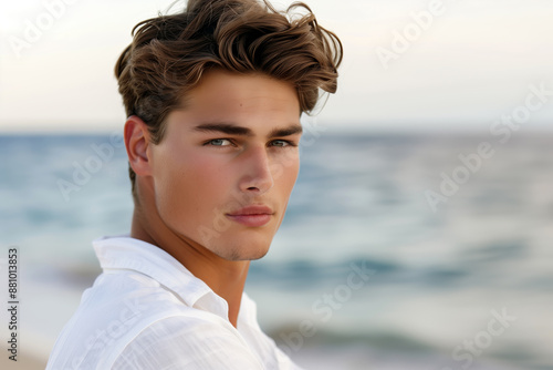 A close-up of a young attractive man in a white linen shirt with a beach in the background