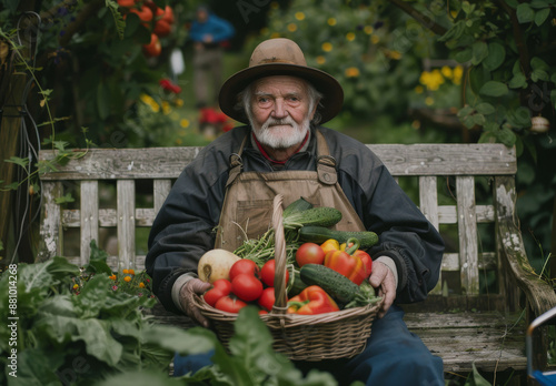 A smiling senior man farmer holding a basket full of vegetables in the garden, © IQRAMULSHANTO