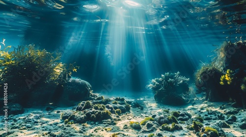 underwater photograph captures a diver exploring a stunning coral reef, surrounded by a plethora of colorful fish. Sunlight pierces through the water, illuminating the vivid coral and marine life, sho